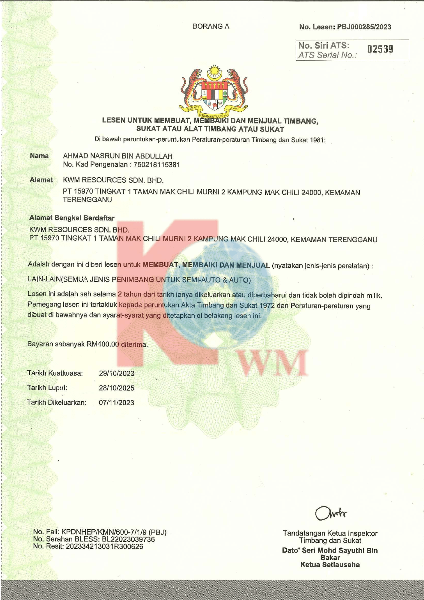 LICENSE TO MANUFACTURE, REPAIR, AND SELL WEIGHING AND MEASURING EQUIPMENT
