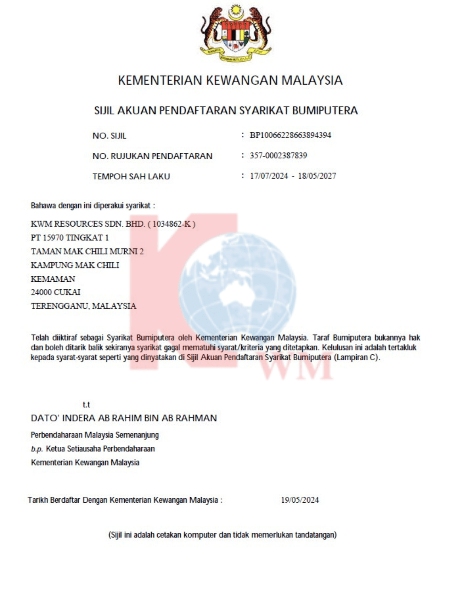 CERTIFICATE OF BUMIPUTERA COMPANY REGISTRATION
