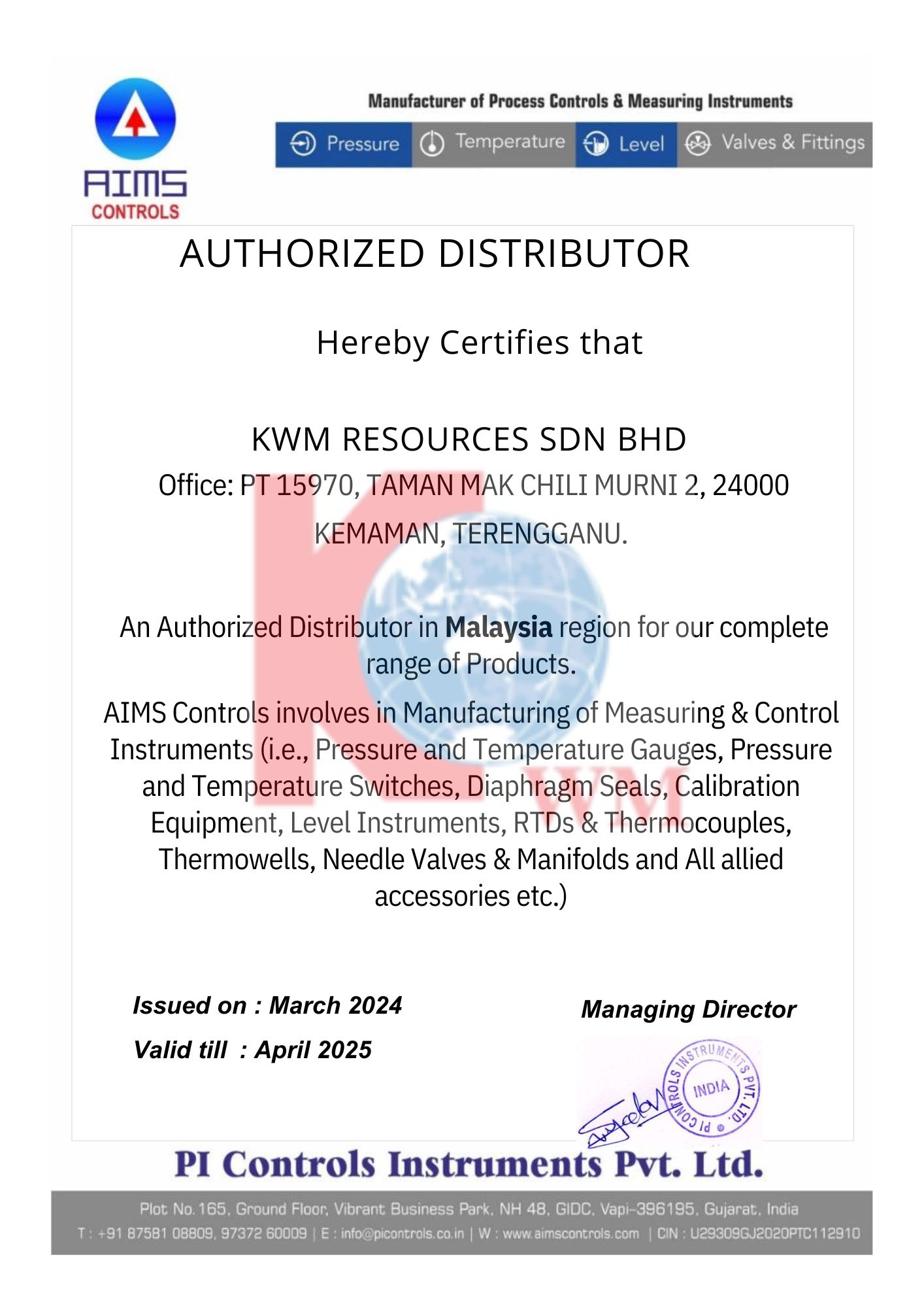AUTHORIZED DISTRIBUTOR OF AIMS CONTROLS