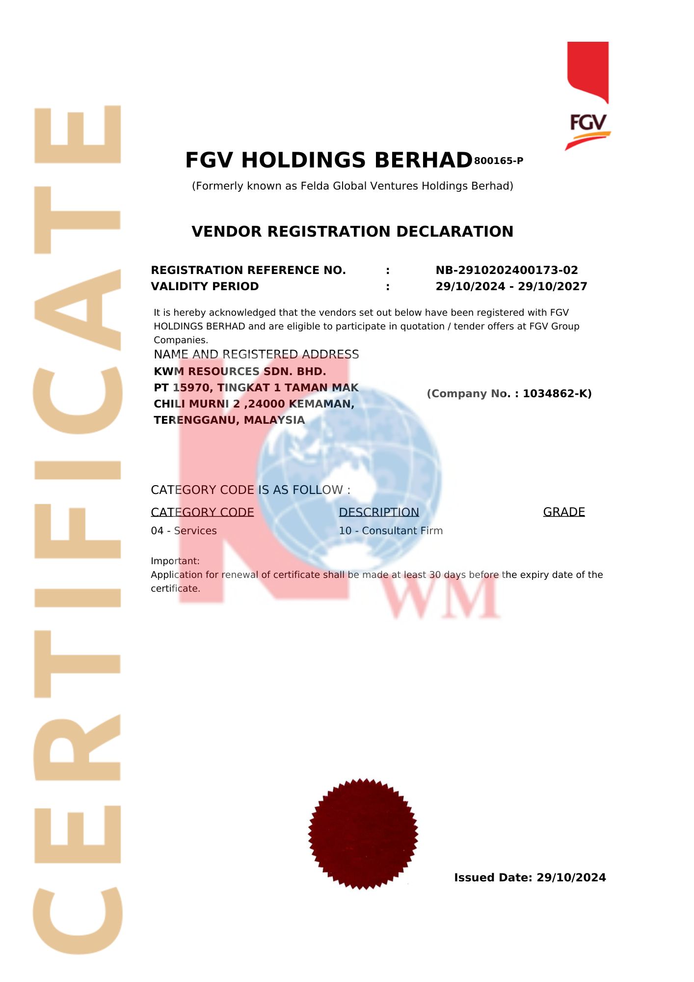 VENDOR REGISTRATION DECLARATION CERTIFICATE WITH FGV HOLDINGS BERHAD