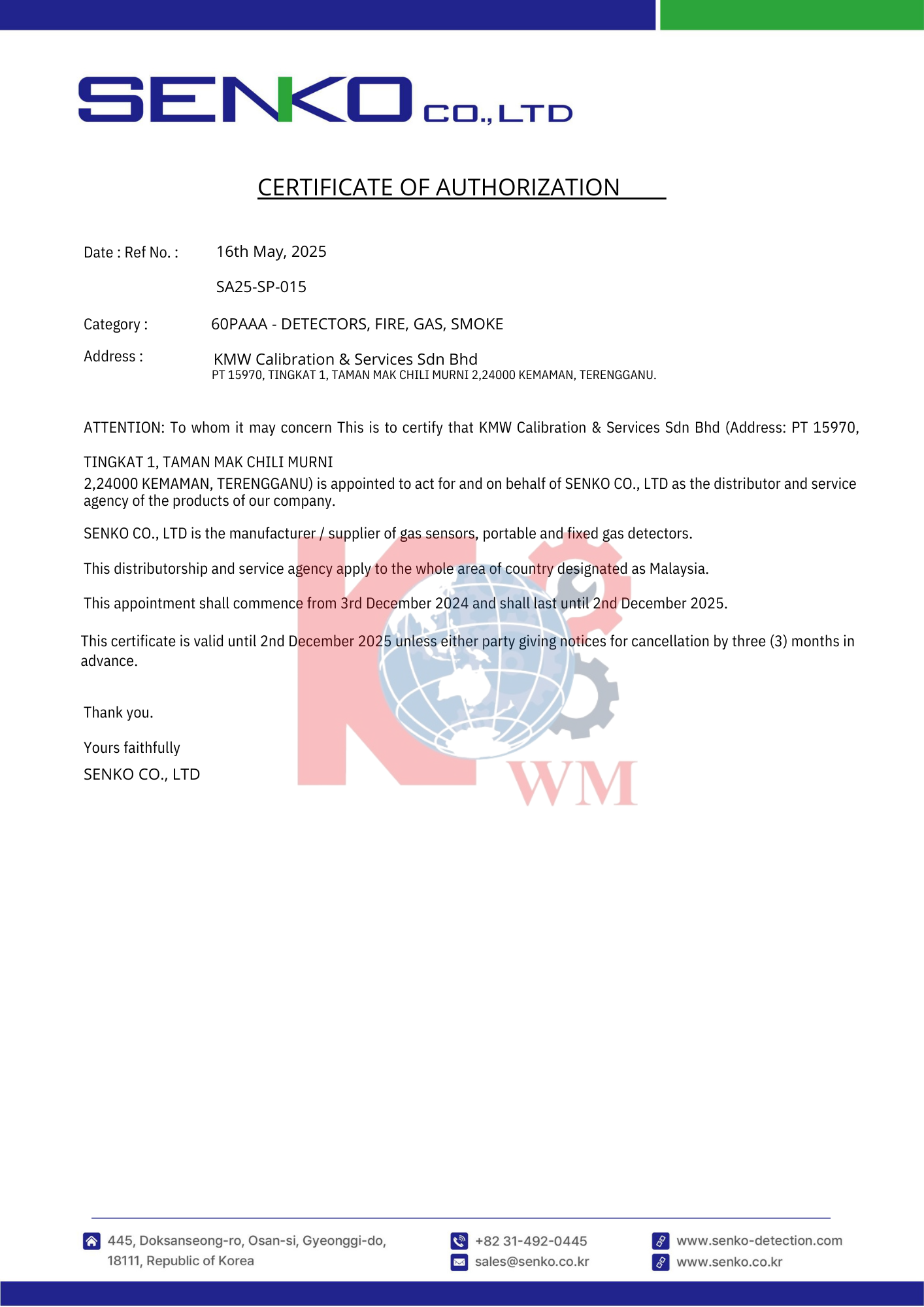CERTIFICATE OF AUTHORIZATION SENKO